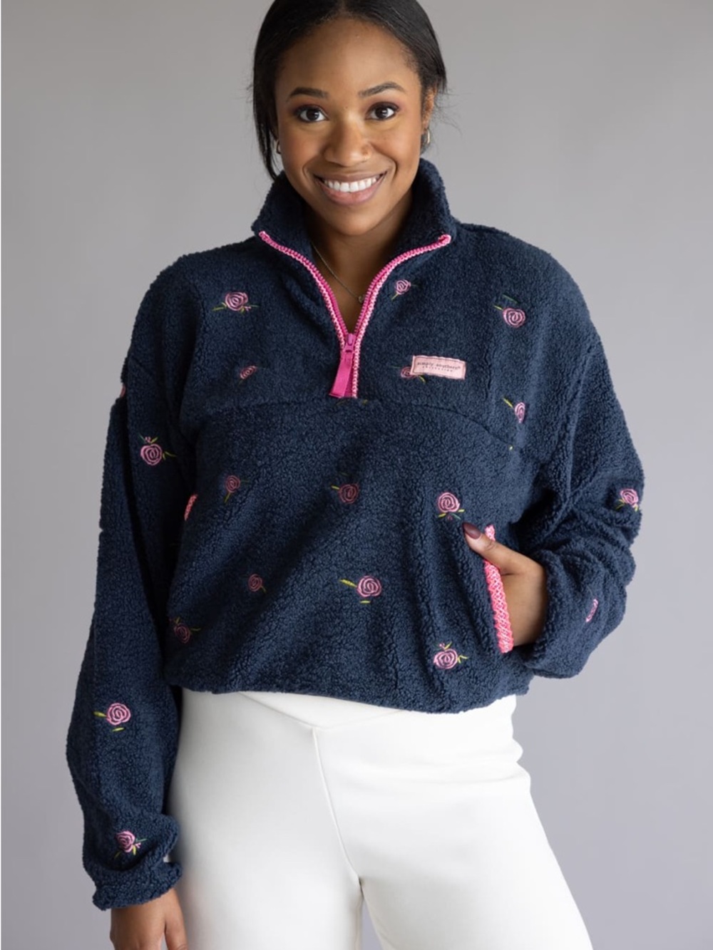 NEW Simply southern Navy Sherpa Pullover with Pink Rose Embroidery - Large